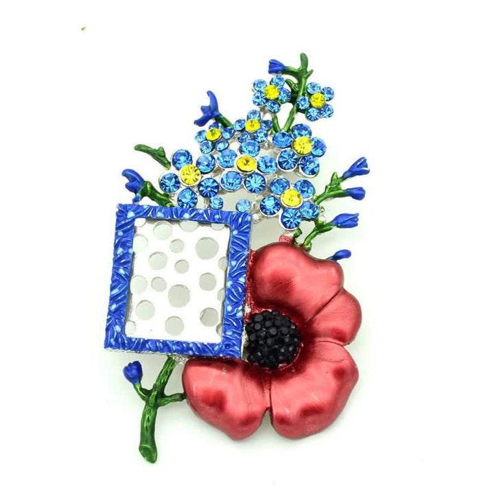 Broche de flor de amapola con diamantes de imitación y marco para fotos