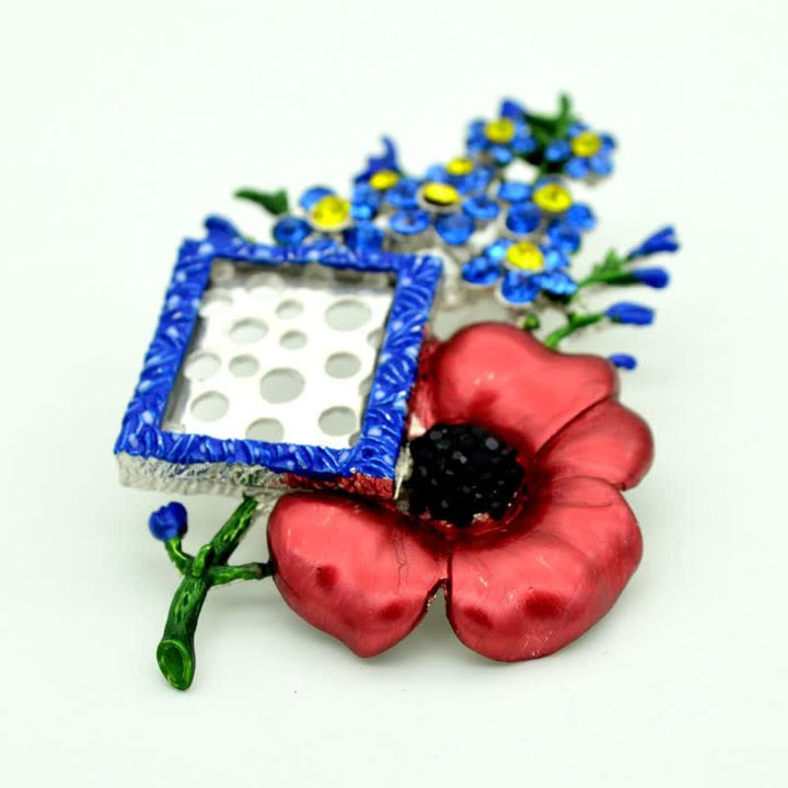 Broche de flor de amapola con diamantes de imitación y marco para fotos