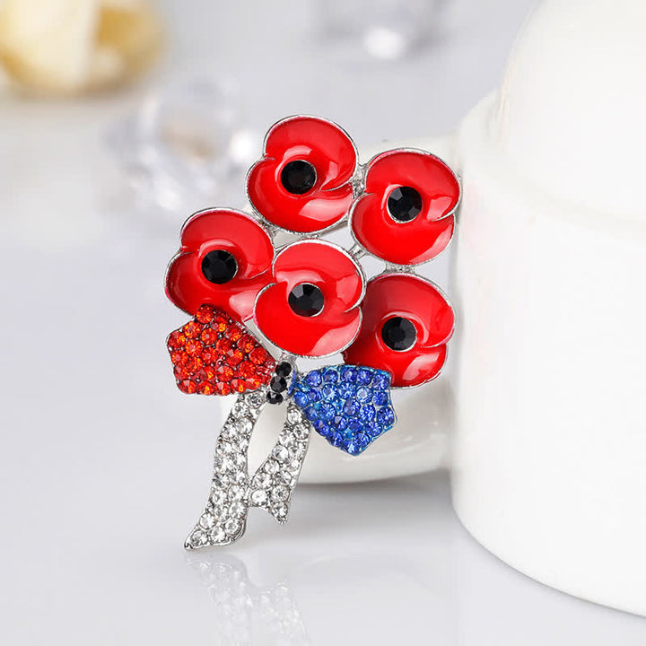 Broche de flores con lazo y diamantes de imitación en forma de cinco amapolas rojas