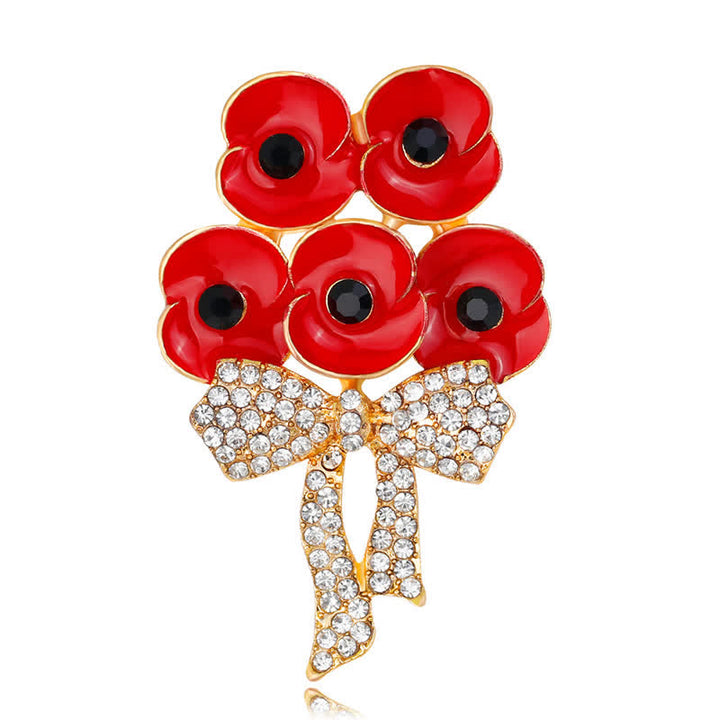 Broche de flores con lazo y diamantes de imitación en forma de cinco amapolas rojas