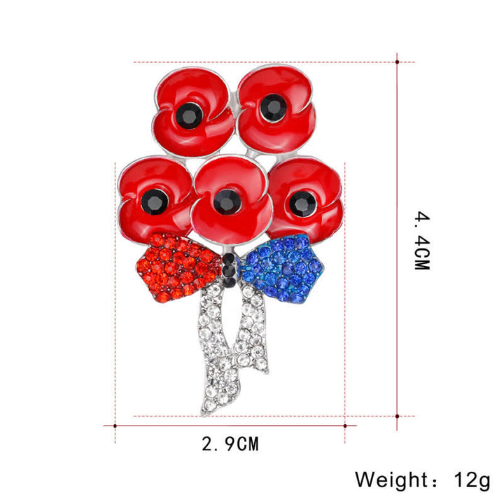 Broche de flores con lazo y diamantes de imitación en forma de cinco amapolas rojas