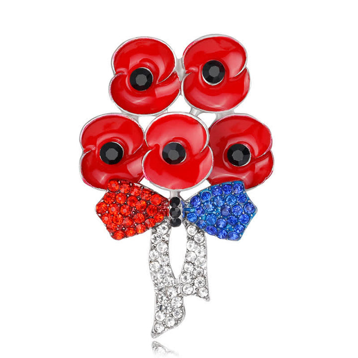 Broche de flores con lazo y diamantes de imitación en forma de cinco amapolas rojas