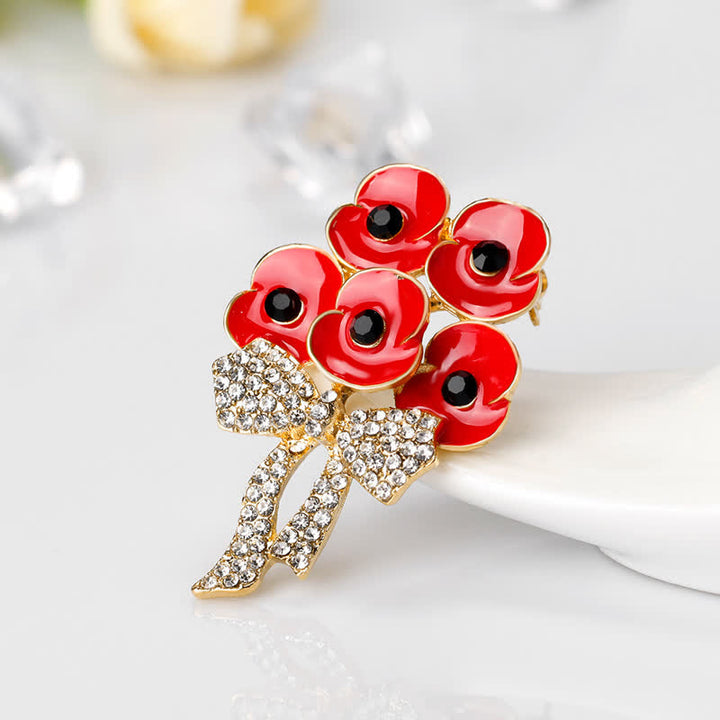 Broche de flores con lazo y diamantes de imitación en forma de cinco amapolas rojas