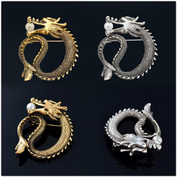 Broche de dragón con perlas de imitación en tono antiguo para hombre