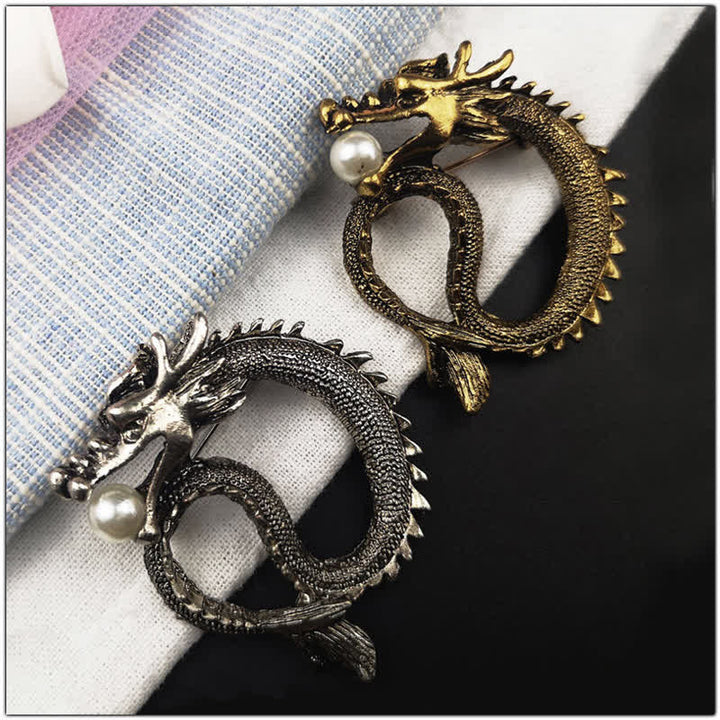 Broche de dragón con perlas de imitación en tono antiguo para hombre