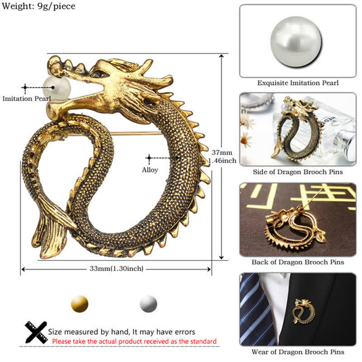 Broche de dragón con perlas de imitación en tono antiguo para hombre