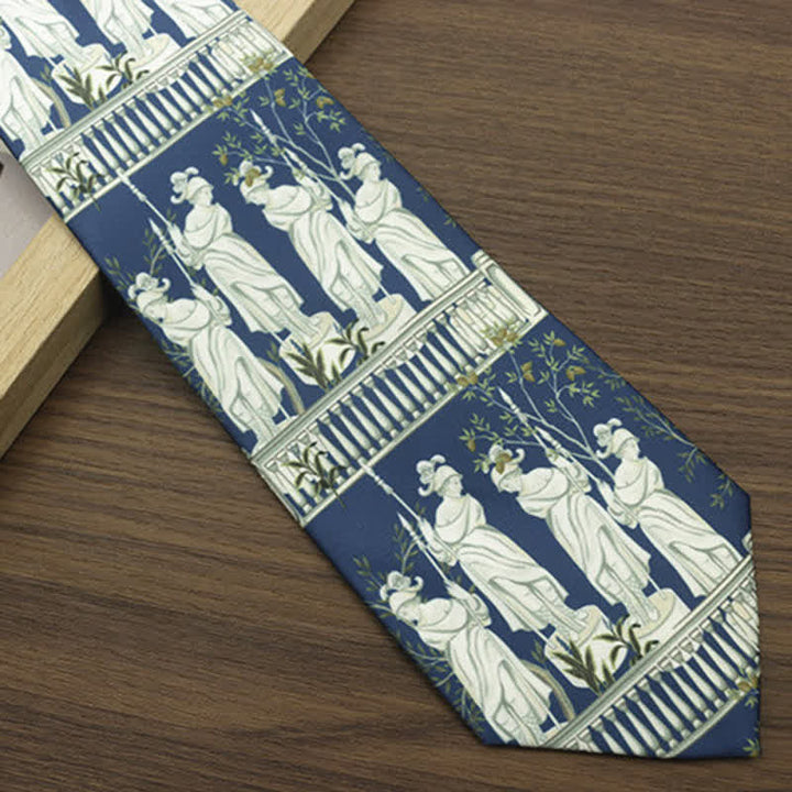 Corbata para hombre con estampado de retrato de dama en azul y blanco