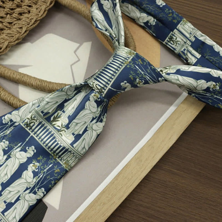 Corbata para hombre con estampado de retrato de dama en azul y blanco