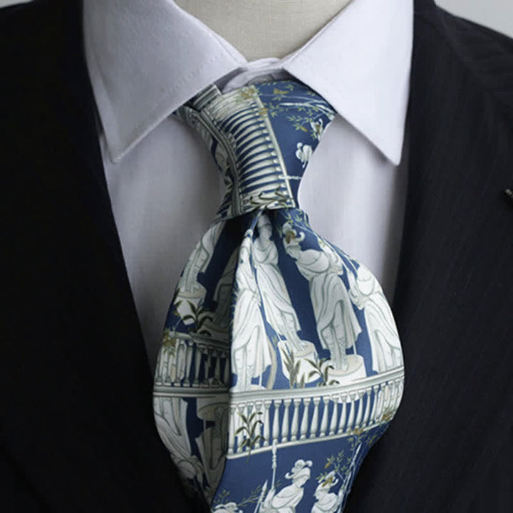 Corbata para hombre con estampado de retrato de dama en azul y blanco