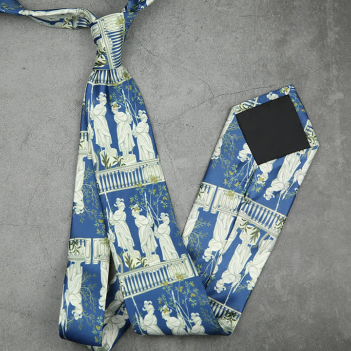 Corbata para hombre con estampado de retrato de dama en azul y blanco