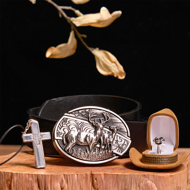 Conjunto creativo de collar y anillo con forma de rosa y hebilla de cinturón con cuchillo oculto de ciervo