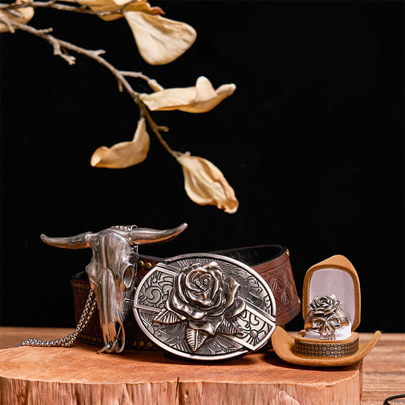 Conjunto de hebilla de cinturón con cuchillo oculto y rosa, colgante de toro, calavera y anillo con rosa - Rosa - Cinturón con remaches marrones - 42 - image 8