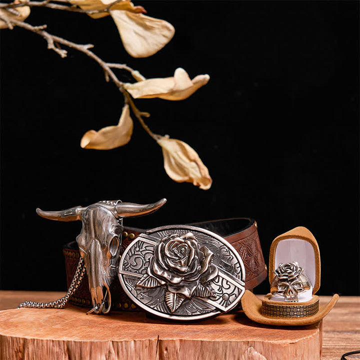 Conjunto de hebilla de cinturón con cuchillo oculto y rosa, colgante de toro, calavera y anillo con rosa - Rosa - Cinturón con remaches marrones - 42 - image 8
