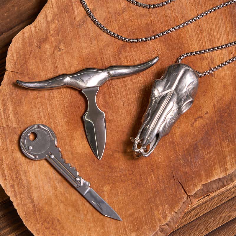 Juego de llavero con forma de llave y cuchillo oculto con colgante de toro Longhorn DIY