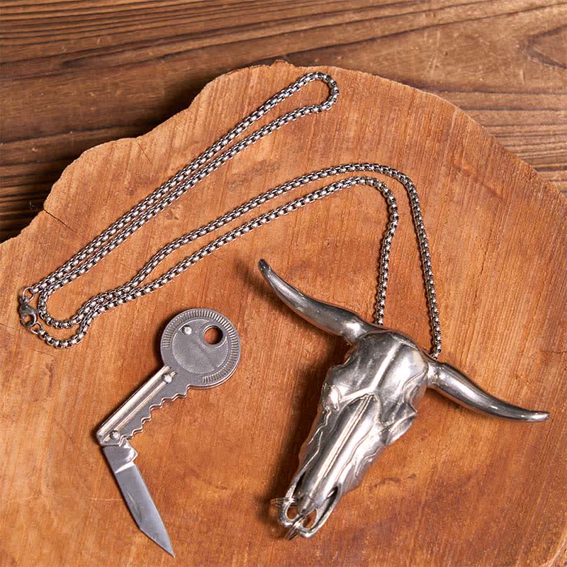 Juego de llavero con forma de llave y cuchillo oculto con colgante de toro Longhorn DIY