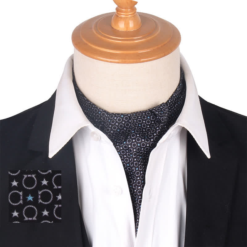 Corbata Ascot azul marino y negra con estampado de estrellas y motivos geométricos