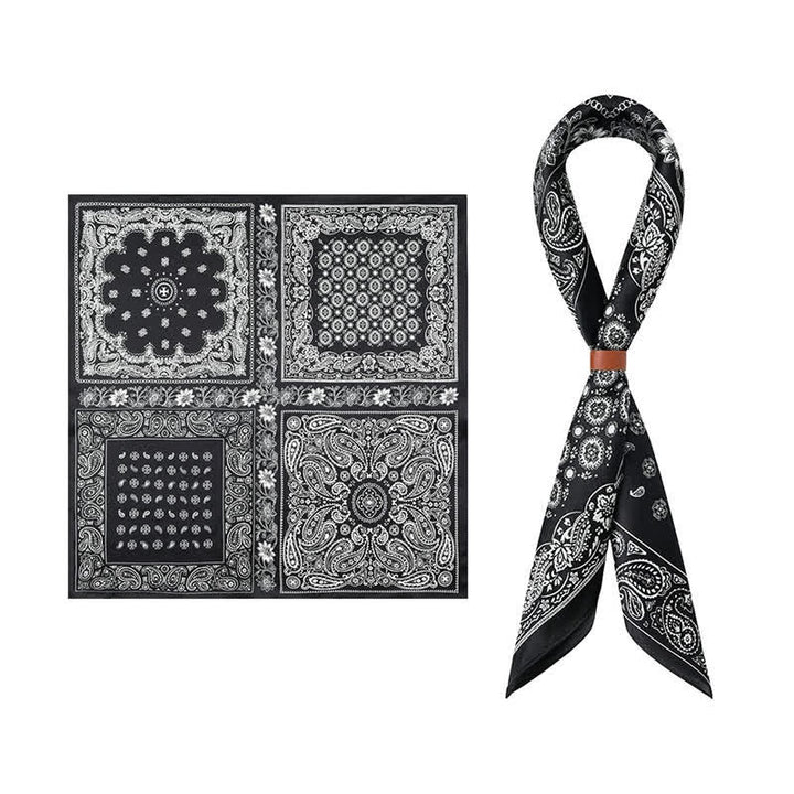 Bufanda cuadrada con diseño de cuadrícula de cuatro cuadros y estampado paisley en blanco y negro.