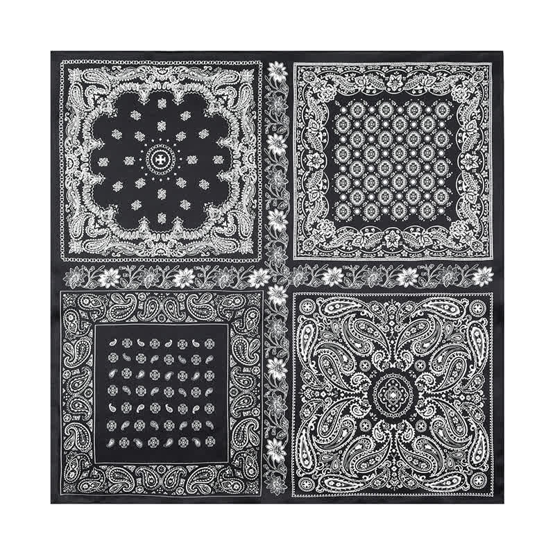 Bufanda cuadrada con diseño de cuadrícula de cuatro cuadros y estampado paisley en blanco y negro.