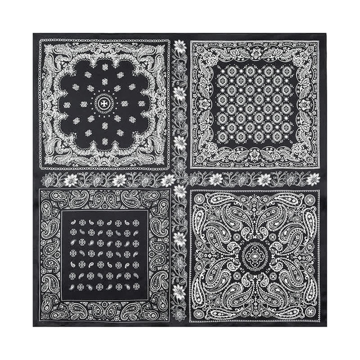 Bufanda cuadrada con diseño de cuadrícula de cuatro cuadros y estampado paisley en blanco y negro.