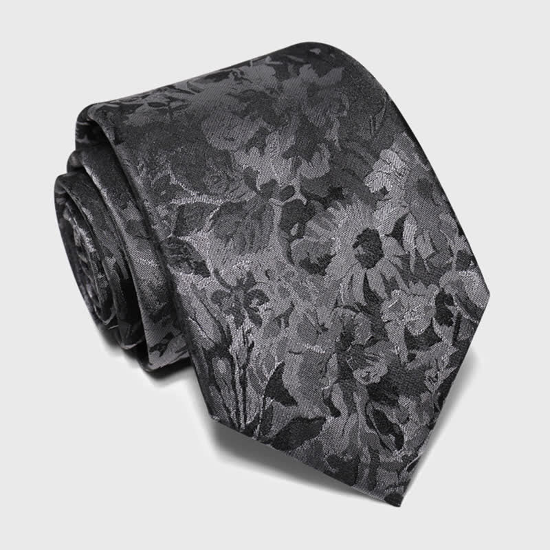 Corbata de seda pura con estampado floral gris oscuro y negro para hombre