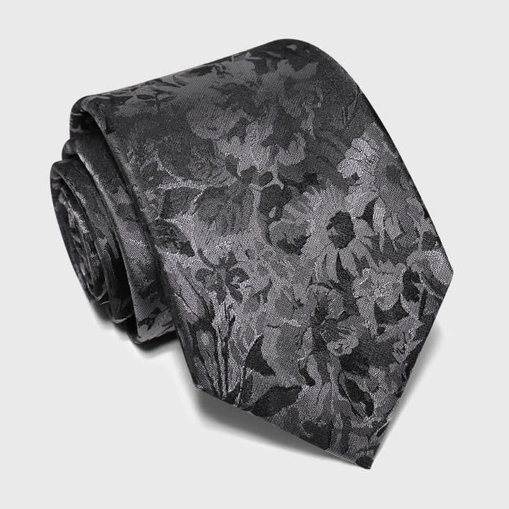 Corbata de seda pura con estampado floral gris oscuro y negro para hombre