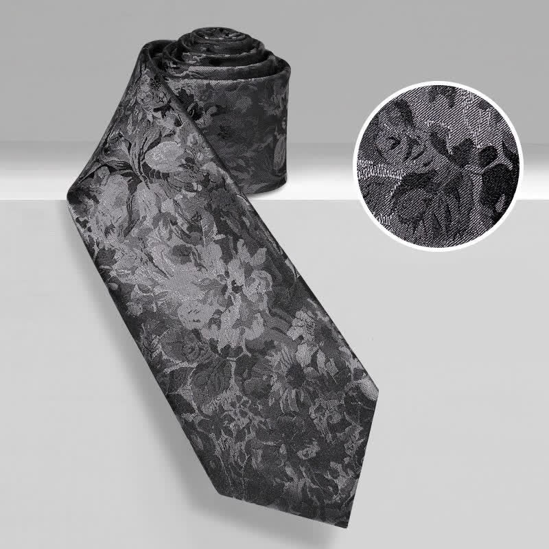 Corbata de seda pura con estampado floral gris oscuro y negro para hombre