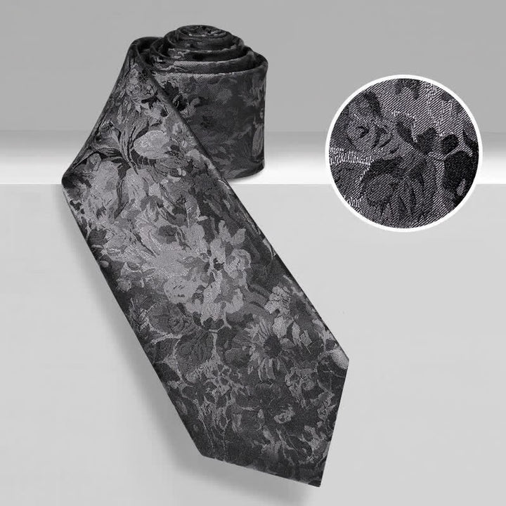 Corbata de seda pura con estampado floral gris oscuro y negro para hombre