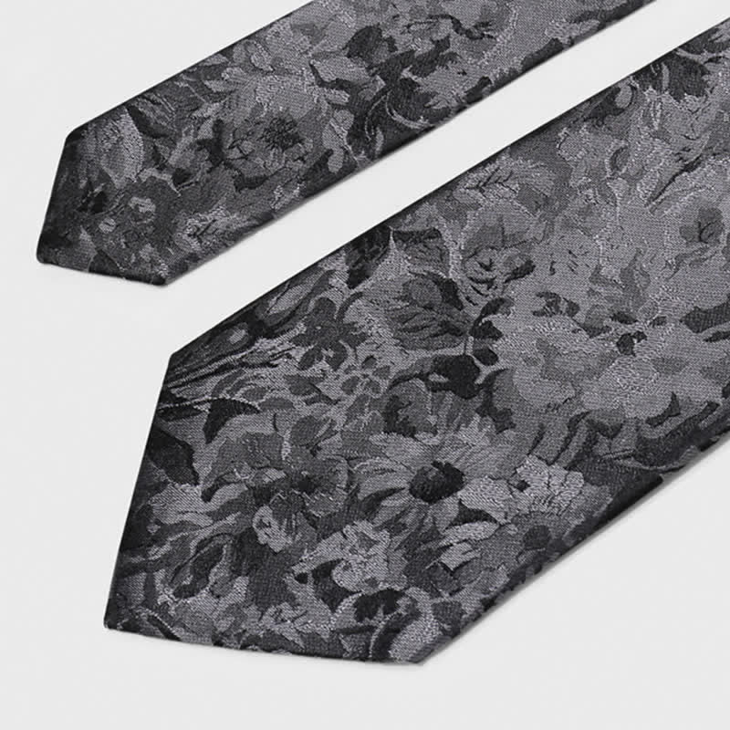 Corbata de seda pura con estampado floral gris oscuro y negro para hombre