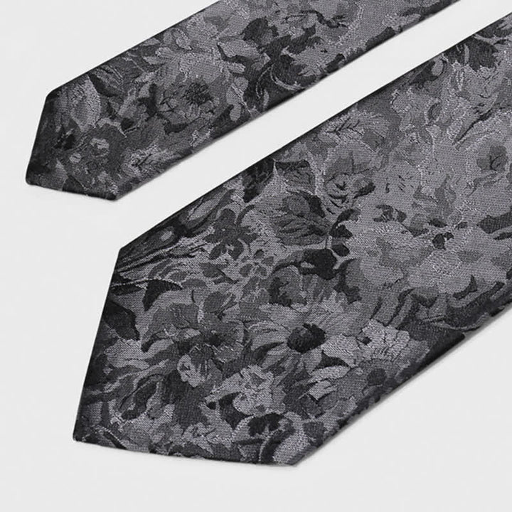 Corbata de seda pura con estampado floral gris oscuro y negro para hombre