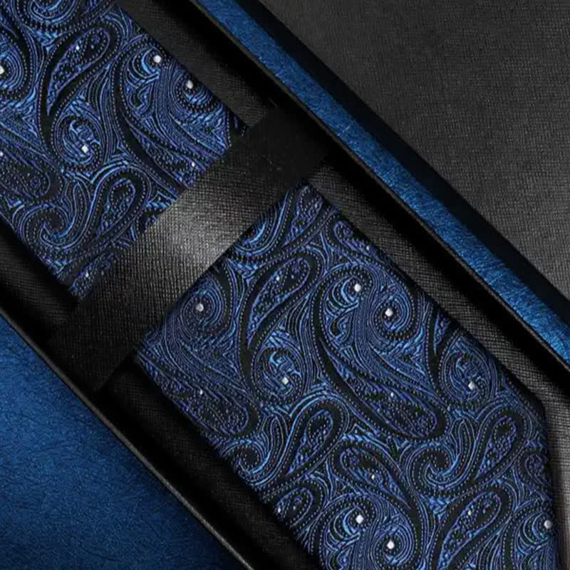 Corbata de seda pura con estampado paisley en tonos azul oscuro y negro para hombre
