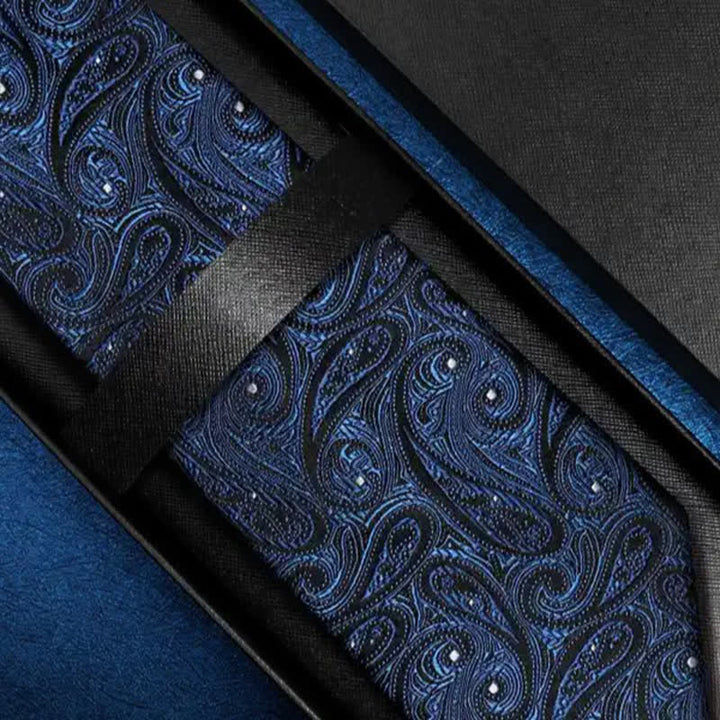 Corbata de seda pura con estampado paisley en tonos azul oscuro y negro para hombre