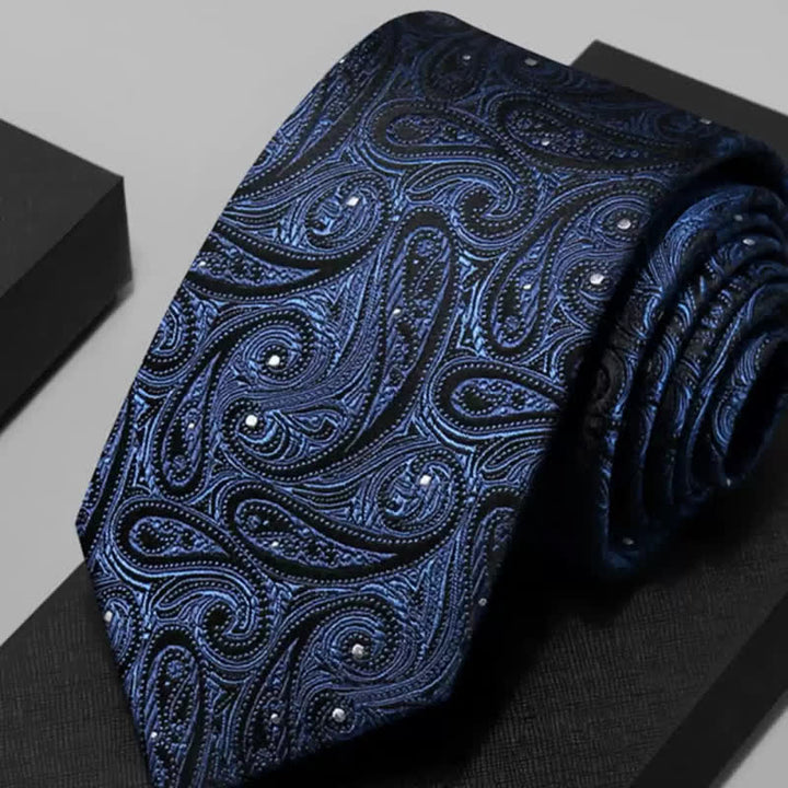 Corbata de seda pura con estampado paisley en tonos azul oscuro y negro para hombre