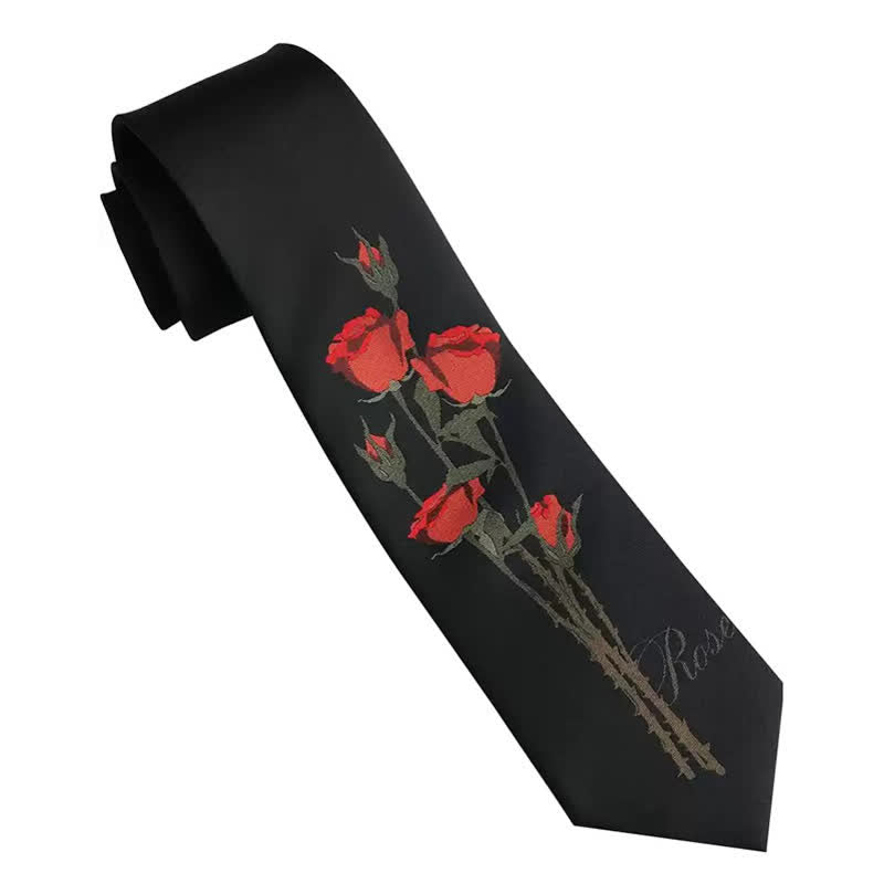 Corbata romántica negra con estampado de un ramo de rosas rojas para hombre