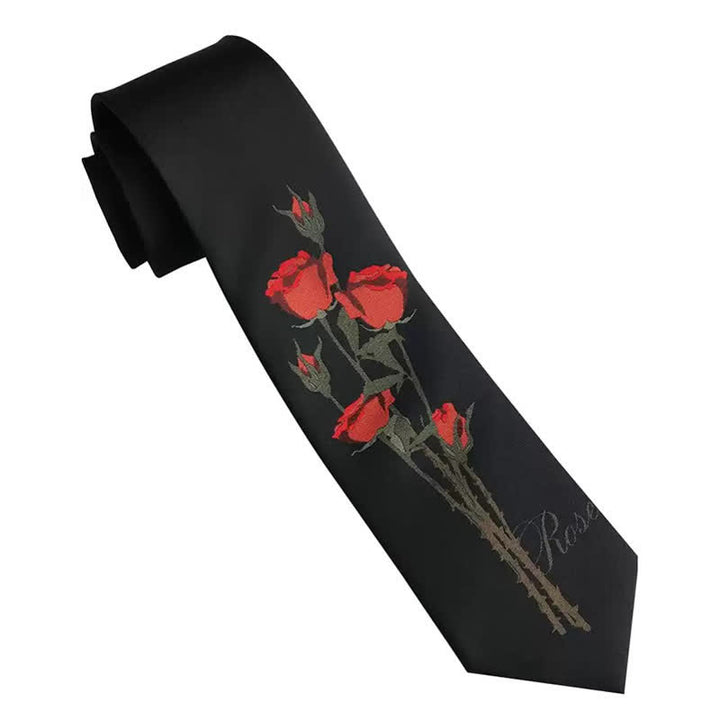 Corbata romántica negra con estampado de un ramo de rosas rojas para hombre
