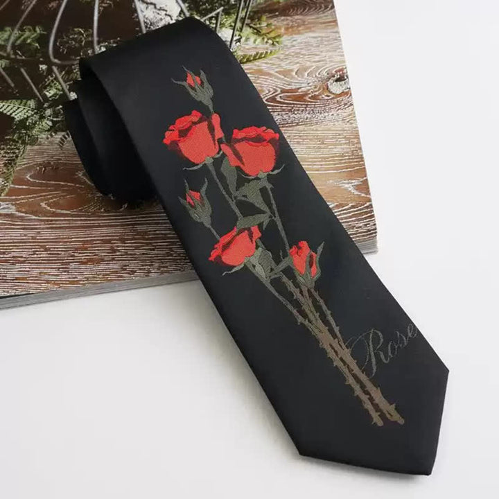Corbata romántica negra con estampado de un ramo de rosas rojas para hombre