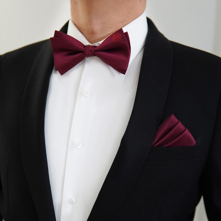 Pajarita con pañuelo y bordado de rosas Bugundy para hombre