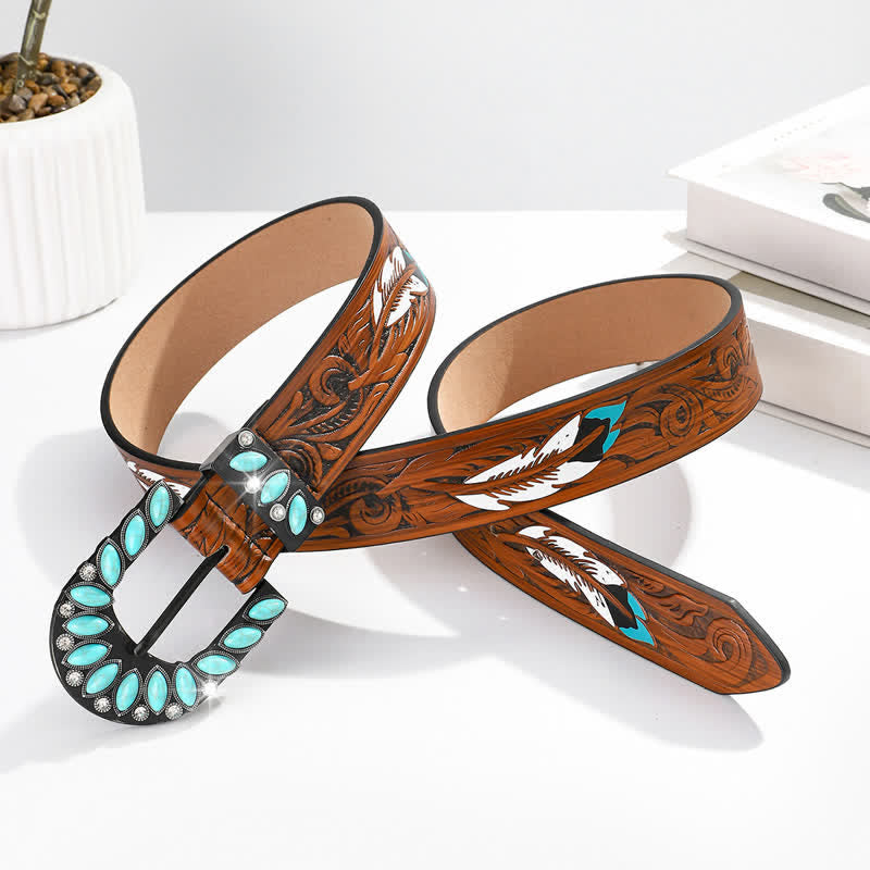 Cinturón de cuero con hebilla turquesa y estampado de plumas estilo boho chic vintage