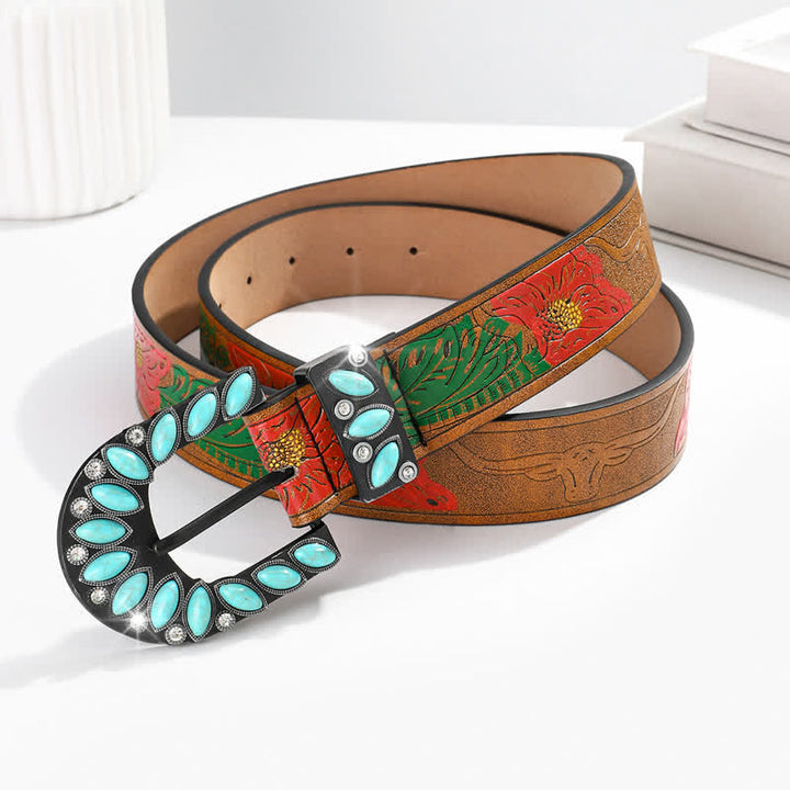 Cinturón de cuero con hebilla turquesa y estampado de plumas estilo boho chic vintage