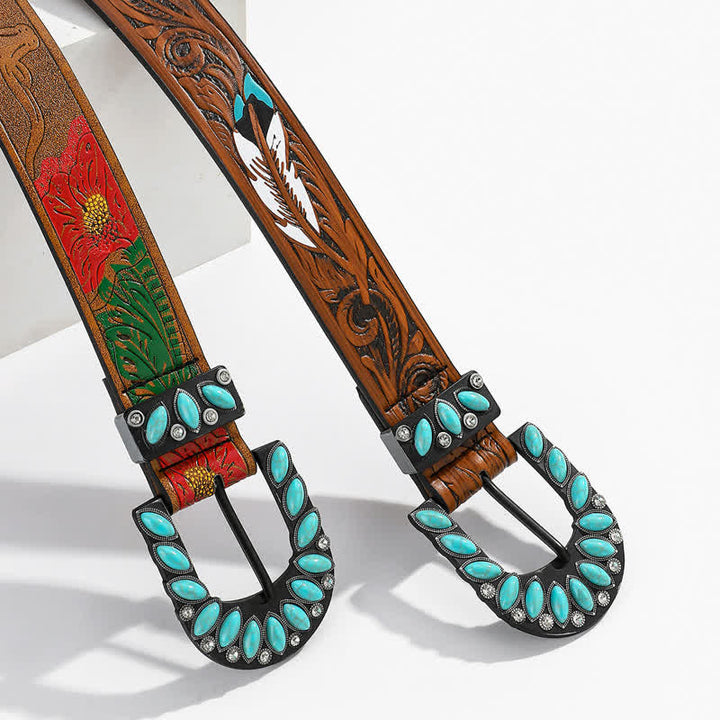 Cinturón de cuero con hebilla turquesa y estampado de plumas estilo boho chic vintage
