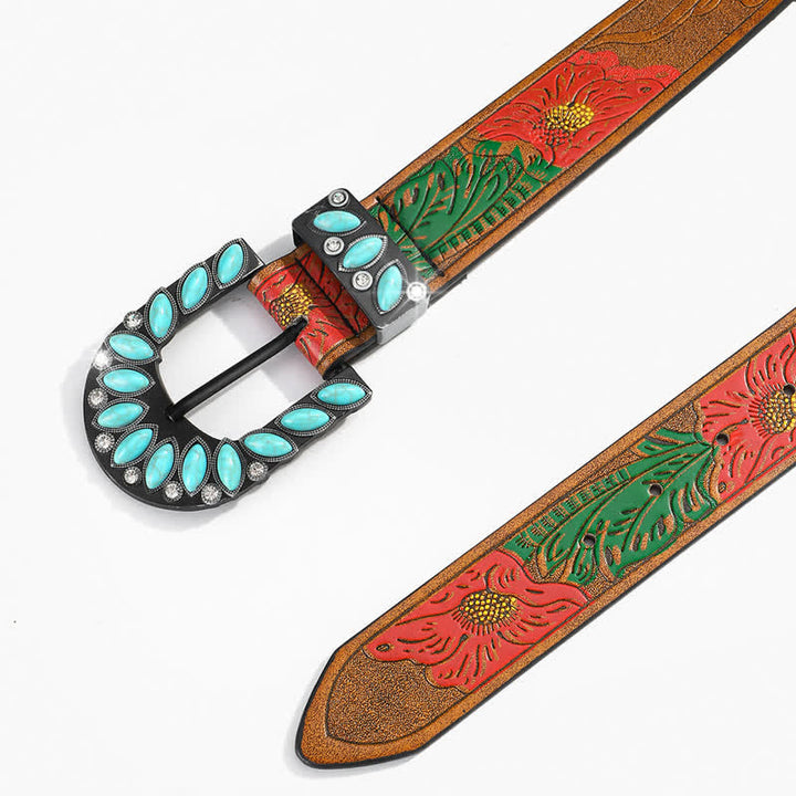 Cinturón de cuero con hebilla turquesa y estampado de plumas estilo boho chic vintage