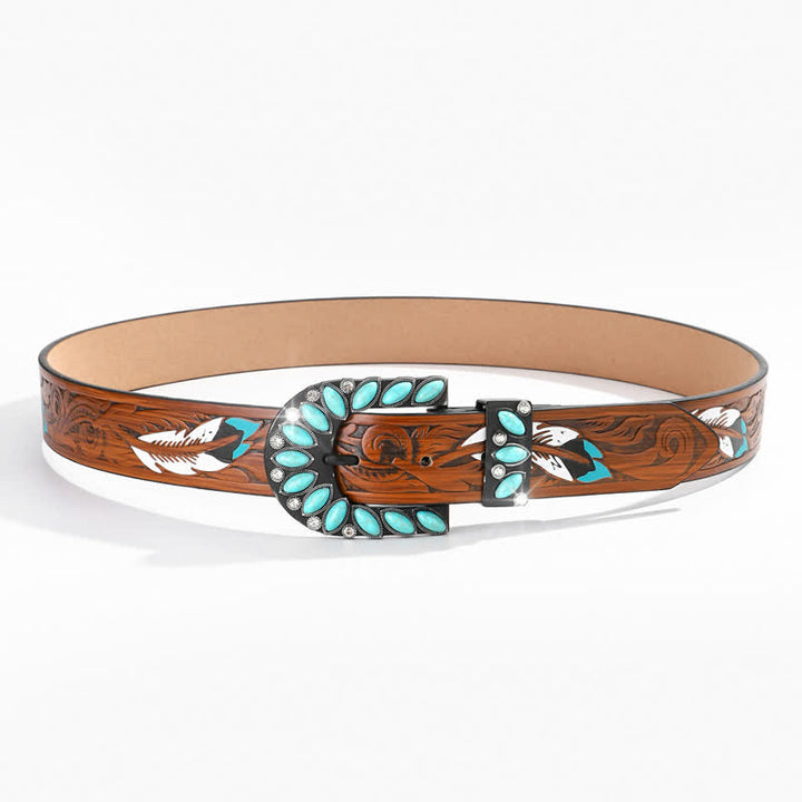 Cinturón de cuero con hebilla turquesa y estampado de plumas estilo boho chic vintage