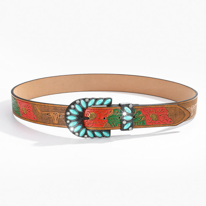 Cinturón de cuero con hebilla turquesa y estampado de plumas estilo boho chic vintage