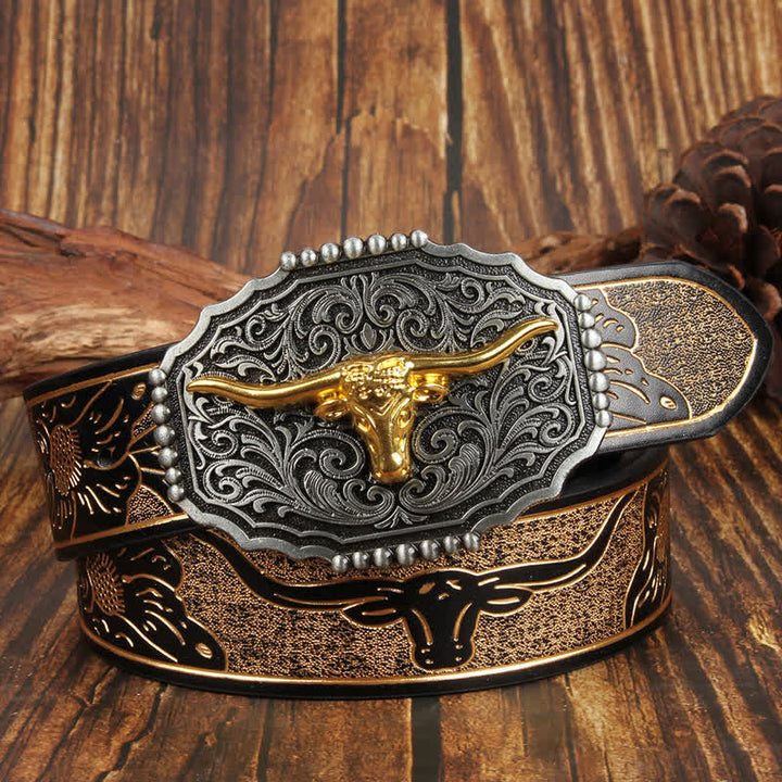Cinturón de cuero colorido con cabeza de toro de cuernos largos de Western Gold
