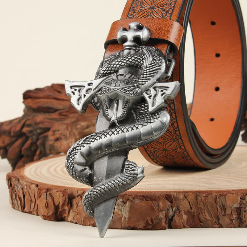 Cinturón de cuero con hebilla de daga y cobra en 3D en plata para hombre
