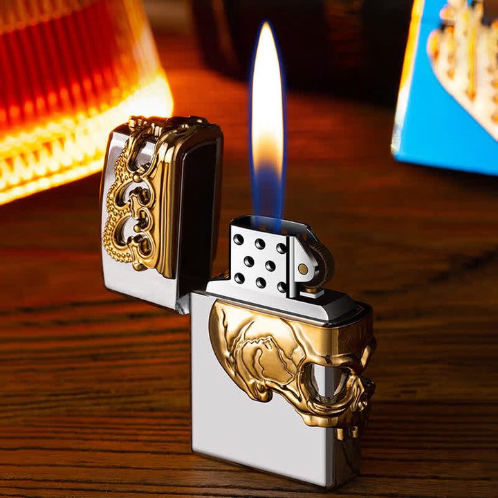 Encendedor de butano recargable con tres lados en relieve 3D de calavera y corona