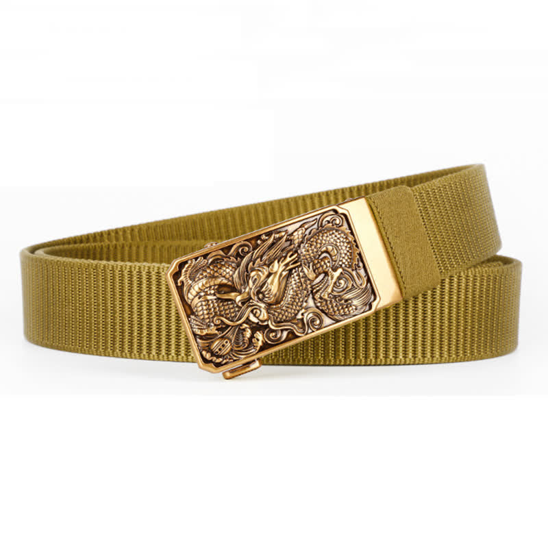 Cinturón de nailon con hebilla automática y diseño de dragón dorado en espiral para hombre