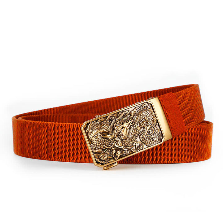 Cinturón de nailon con hebilla automática y diseño de dragón dorado en espiral para hombre