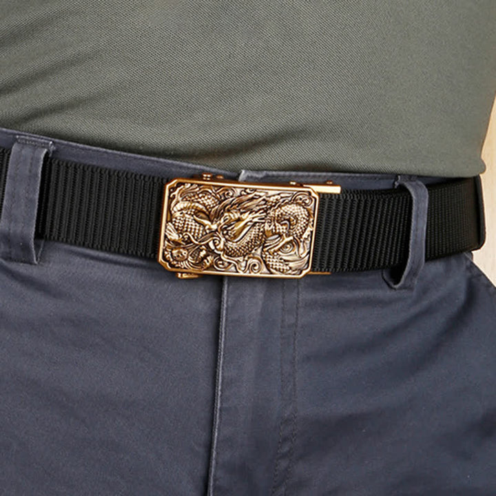 Cinturón de nailon con hebilla automática y diseño de dragón dorado en espiral para hombre