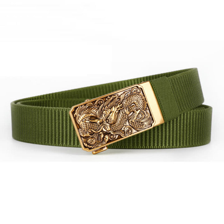 Cinturón de nailon con hebilla automática y diseño de dragón dorado en espiral para hombre