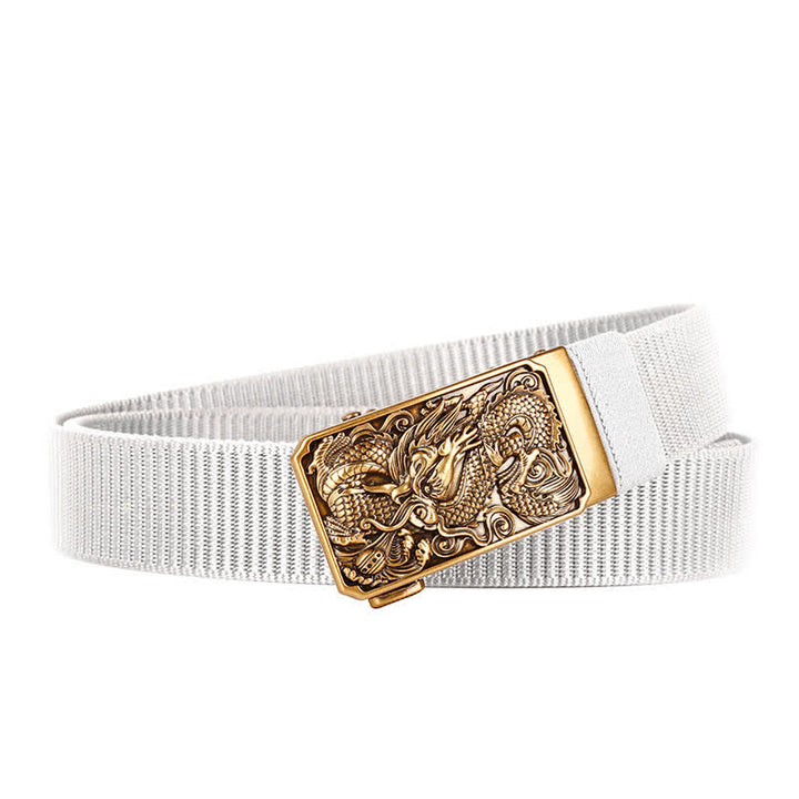 Cinturón de nailon con hebilla automática y diseño de dragón dorado en espiral para hombre